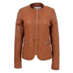 WeeBroz Women's Tan Leather Biker Jacket Collarless Quilted Style