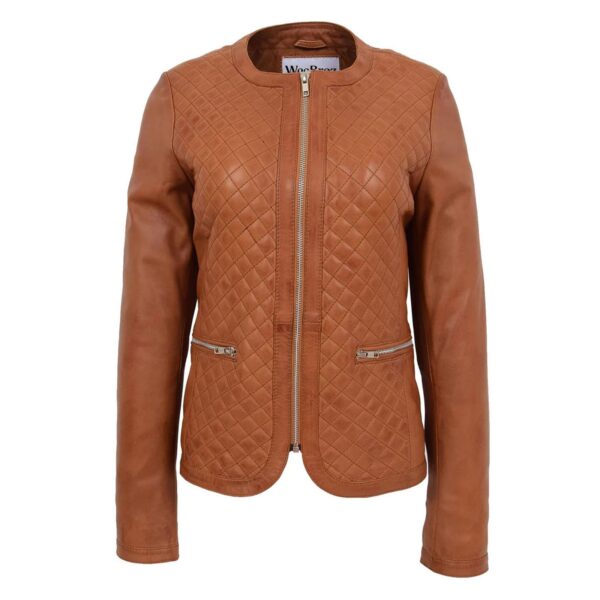 WeeBroz Women's Tan Leather Biker Jacket Collarless Quilted Style - Image 1