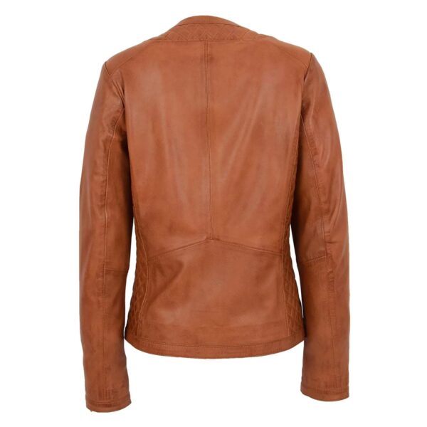 WeeBroz Women's Tan Leather Biker Jacket Collarless Quilted Style - Image 2