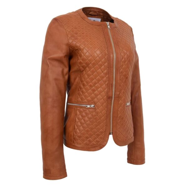 WeeBroz Women's Tan Leather Biker Jacket Collarless Quilted Style - Image 3