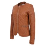 WeeBroz Women's Tan Leather Biker Jacket Collarless Quilted Style - Image 4