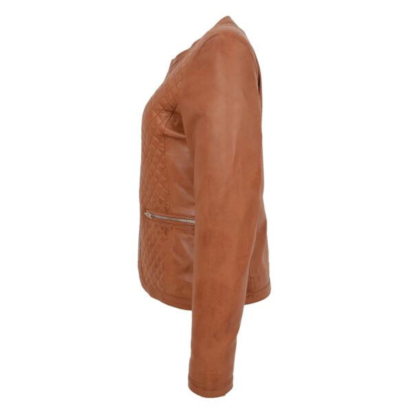 WeeBroz Women's Tan Leather Biker Jacket Collarless Quilted Style - Image 5