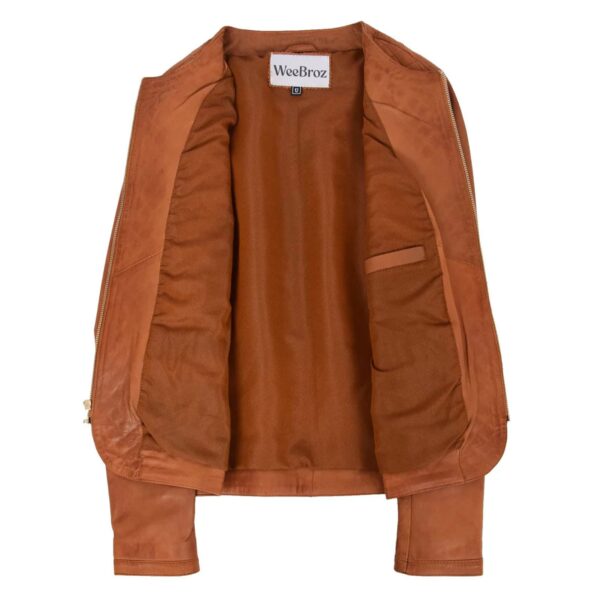 WeeBroz Women's Tan Leather Biker Jacket Collarless Quilted Style - Image 6