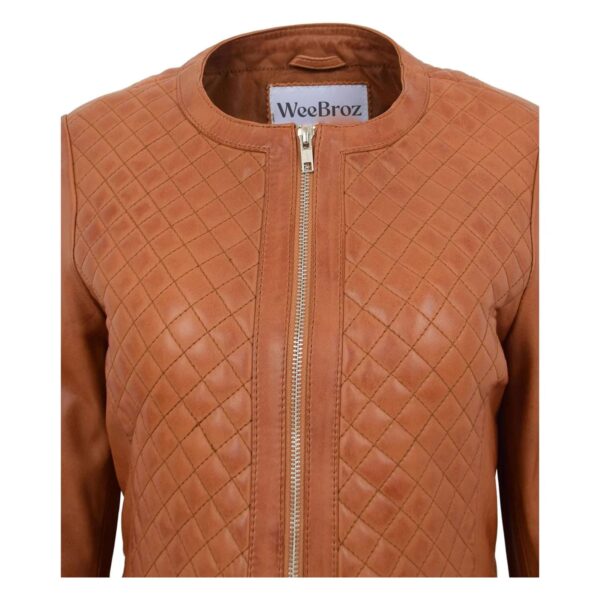 WeeBroz Women's Tan Leather Biker Jacket Collarless Quilted Style - Image 7