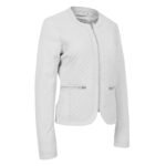 WeeBroz Women's White Leather Biker Jacket Slim Fit Collarless Style - Image 4