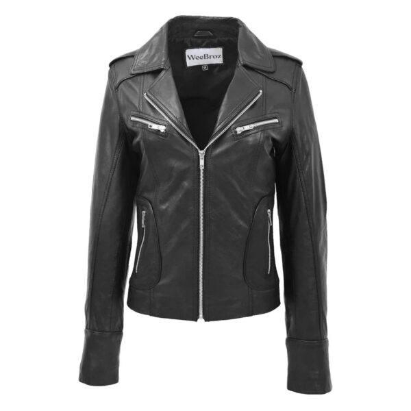 WeeBroz Women's Black Leather Biker Jacket Fitted Biker Style - Image 1