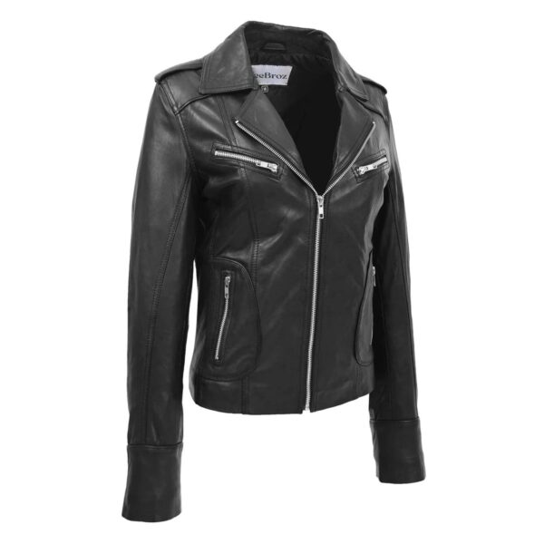 WeeBroz Women's Black Leather Biker Jacket Fitted Biker Style - Image 3