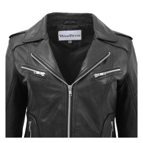 WeeBroz Women's Black Leather Biker Jacket Fitted Biker Style - Image 7