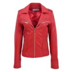 WeeBroz Women's Red Leather Biker Jacket Fitted Zipper Style