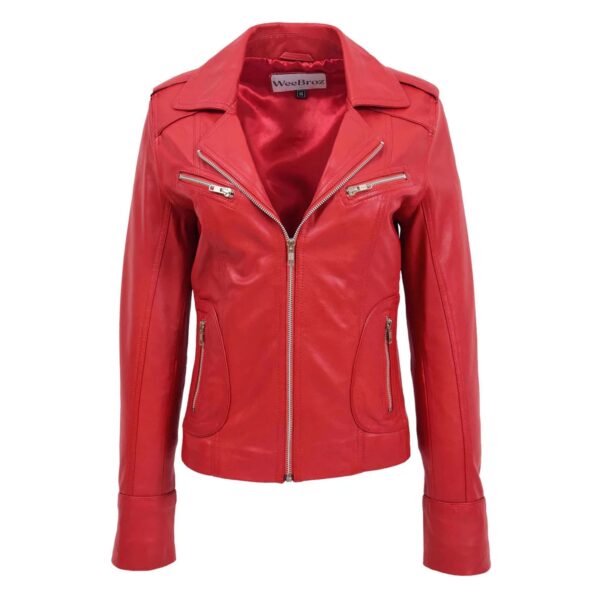 WeeBroz Women's Red Leather Biker Jacket Fitted Zipper Style - Image 1