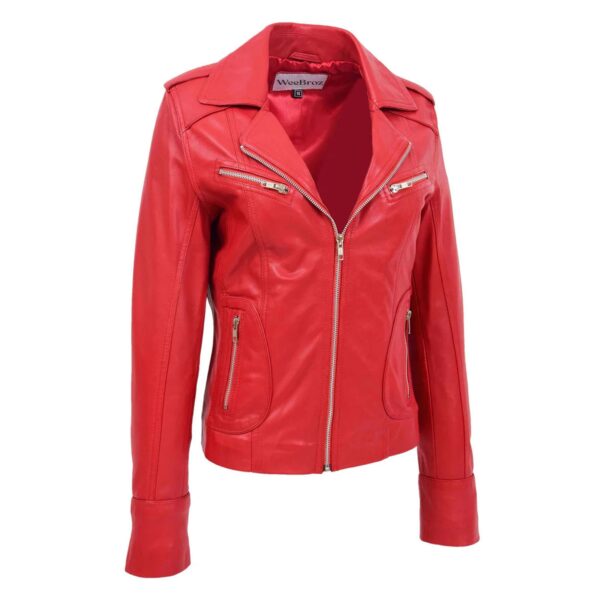 WeeBroz Women's Red Leather Biker Jacket Fitted Zipper Style - Image 3