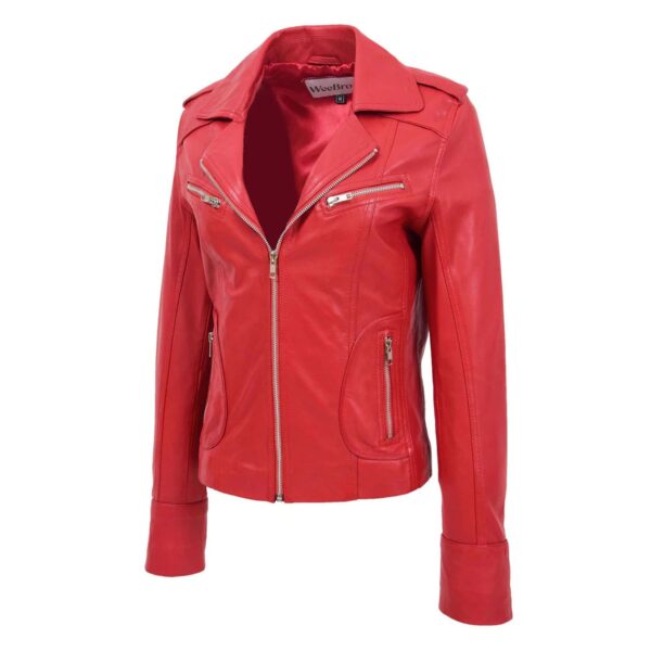 WeeBroz Women's Red Leather Biker Jacket Fitted Zipper Style - Image 4