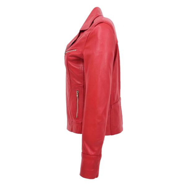 WeeBroz Women's Red Leather Biker Jacket Fitted Zipper Style - Image 5