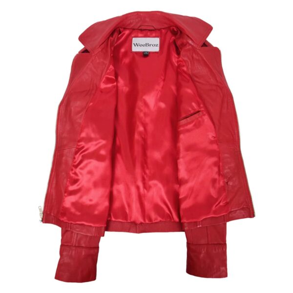 WeeBroz Women's Red Leather Biker Jacket Fitted Zipper Style - Image 6