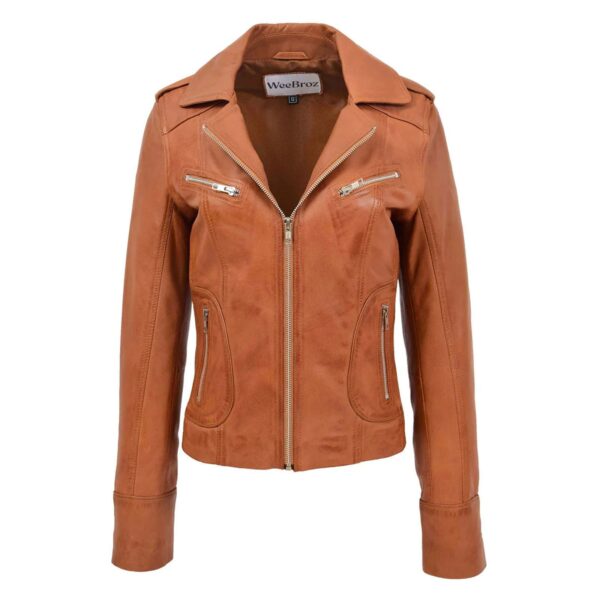 WeeBroz Women's Tan Leather Biker Jacket Fitted Biker Style - Image 1