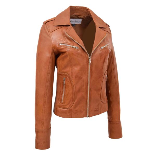 WeeBroz Women's Tan Leather Biker Jacket Fitted Biker Style - Image 3