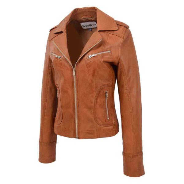 WeeBroz Women's Tan Leather Biker Jacket Fitted Biker Style - Image 4