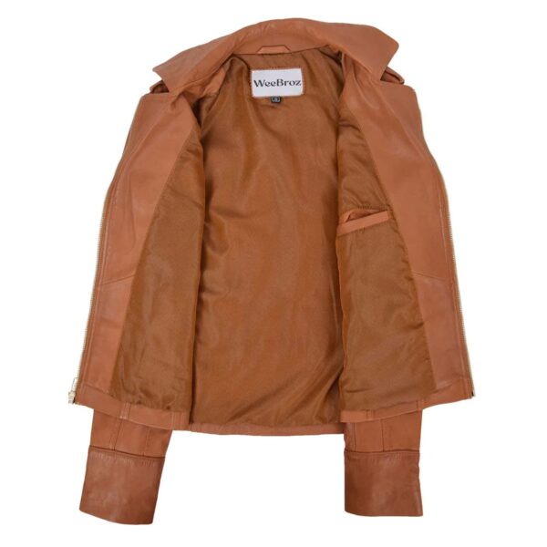 WeeBroz Women's Tan Leather Biker Jacket Fitted Biker Style - Image 6