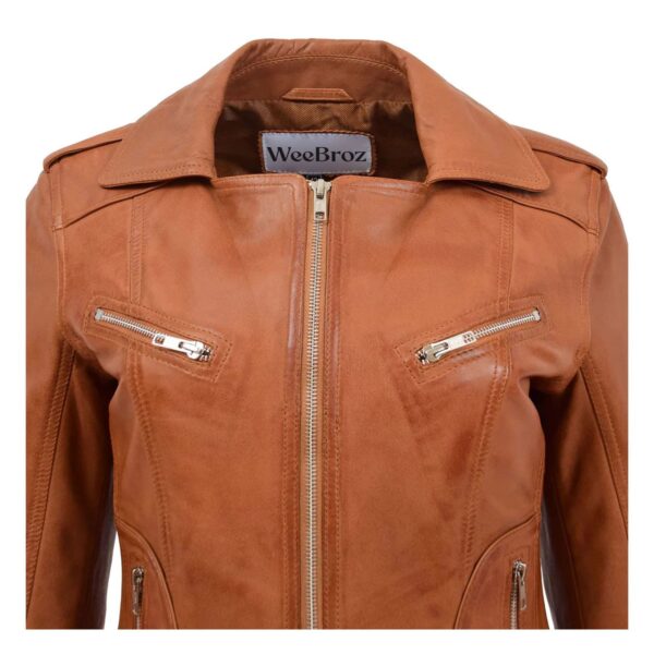 WeeBroz Women's Tan Leather Biker Jacket Fitted Biker Style - Image 7