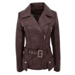 WeeBroz Women's Brown Leather Biker Jacket Hip-Length Moto Jacket
