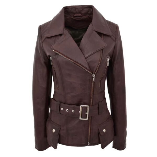 WeeBroz Women's Brown Leather Biker Jacket Hip-Length Moto Jacket - Image 1