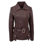 WeeBroz Women's Brown Leather Biker Jacket Hip-Length Moto Jacket - Image 3