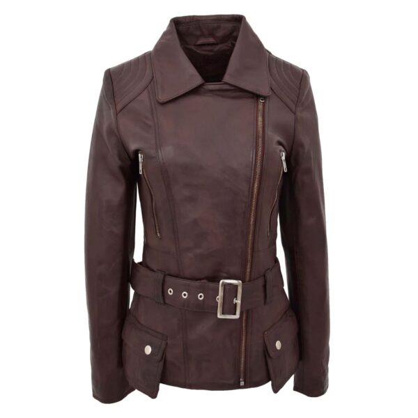 WeeBroz Women's Brown Leather Biker Jacket Hip-Length Moto Jacket - Image 3