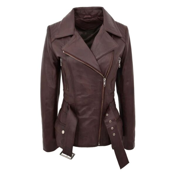 WeeBroz Women's Brown Leather Biker Jacket Hip-Length Moto Jacket - Image 4