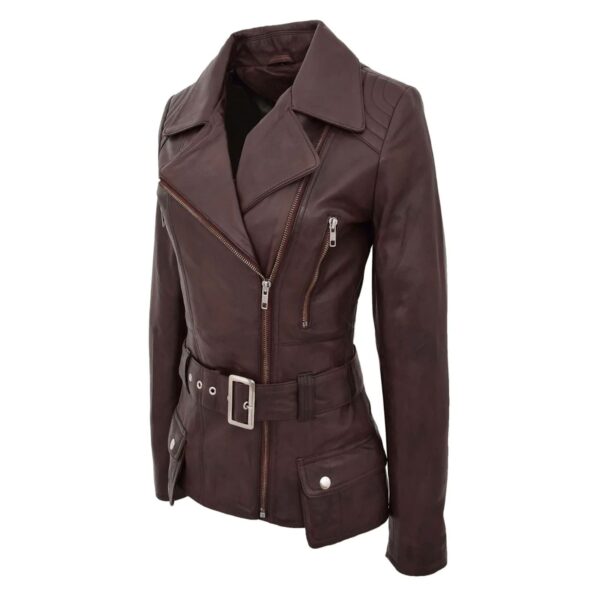 WeeBroz Women's Brown Leather Biker Jacket Hip-Length Moto Jacket - Image 6