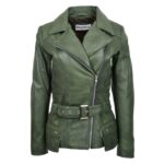 WeeBroz Women's Green Leather Biker Jacket Waist Belted Edgy Fashion