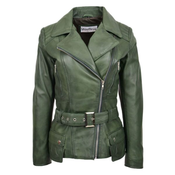 WeeBroz Women's Green Leather Biker Jacket Waist Belted Edgy Fashion - Image 1