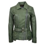 WeeBroz Women's Green Leather Biker Jacket Waist Belted Edgy Fashion - Image 3