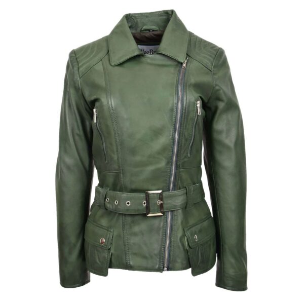 WeeBroz Women's Green Leather Biker Jacket Waist Belted Edgy Fashion - Image 3