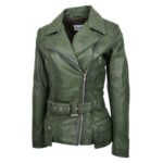 WeeBroz Women's Green Leather Biker Jacket Waist Belted Edgy Fashion - Image 4