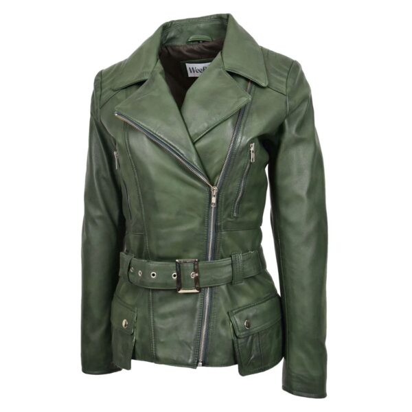WeeBroz Women's Green Leather Biker Jacket Waist Belted Edgy Fashion - Image 4