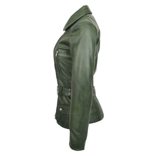 WeeBroz Women's Green Leather Biker Jacket Waist Belted Edgy Fashion - Image 5