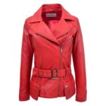 WeeBroz Women's Red Leather Biker Jacket Hip-Length Moto Jacket