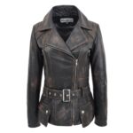 WeeBroz Women's Rub Off Black Leather Biker Jacket Hip-Length Moto Jacket