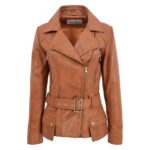 WeeBroz Women's Tan Leather Biker Jacket Hip-Length Jacket