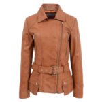 WeeBroz Women's Tan Leather Biker Jacket Hip-Length Jacket - Image 3