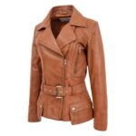 WeeBroz Women's Tan Leather Biker Jacket Hip-Length Jacket - Image 4