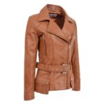 WeeBroz Women's Tan Leather Biker Jacket Hip-Length Jacket - Image 5