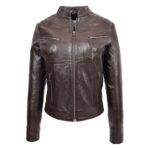 WeeBroz Women's Brown Leather Biker Jacket Casual Standing Collar Style