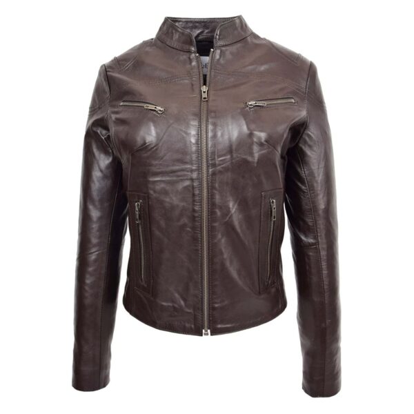 WeeBroz Women's Brown Leather Biker Jacket Casual Standing Collar Style - Image 1