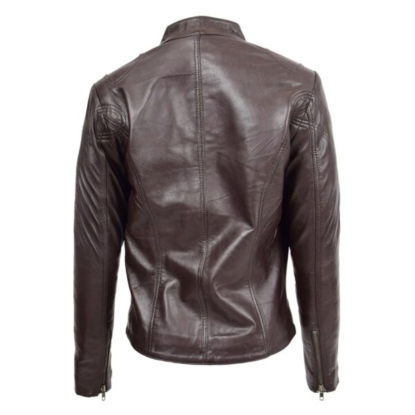 WeeBroz Women's Brown Leather Biker Jacket Casual Standing Collar Style - Image 2