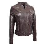 WeeBroz Women's Brown Leather Biker Jacket Casual Standing Collar Style - Image 3