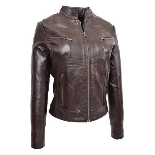 WeeBroz Women's Brown Leather Biker Jacket Casual Standing Collar Style - Image 3