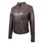 WeeBroz Women's Brown Leather Biker Jacket Casual Standing Collar Style - Image 4