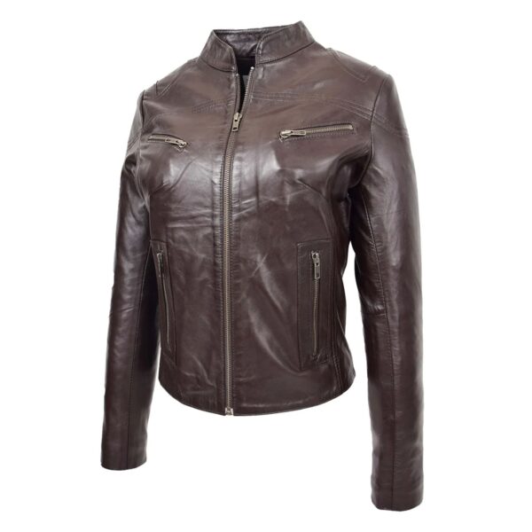 WeeBroz Women's Brown Leather Biker Jacket Casual Standing Collar Style - Image 4