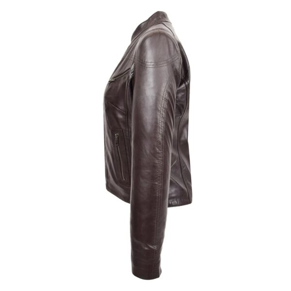 WeeBroz Women's Brown Leather Biker Jacket Casual Standing Collar Style - Image 5